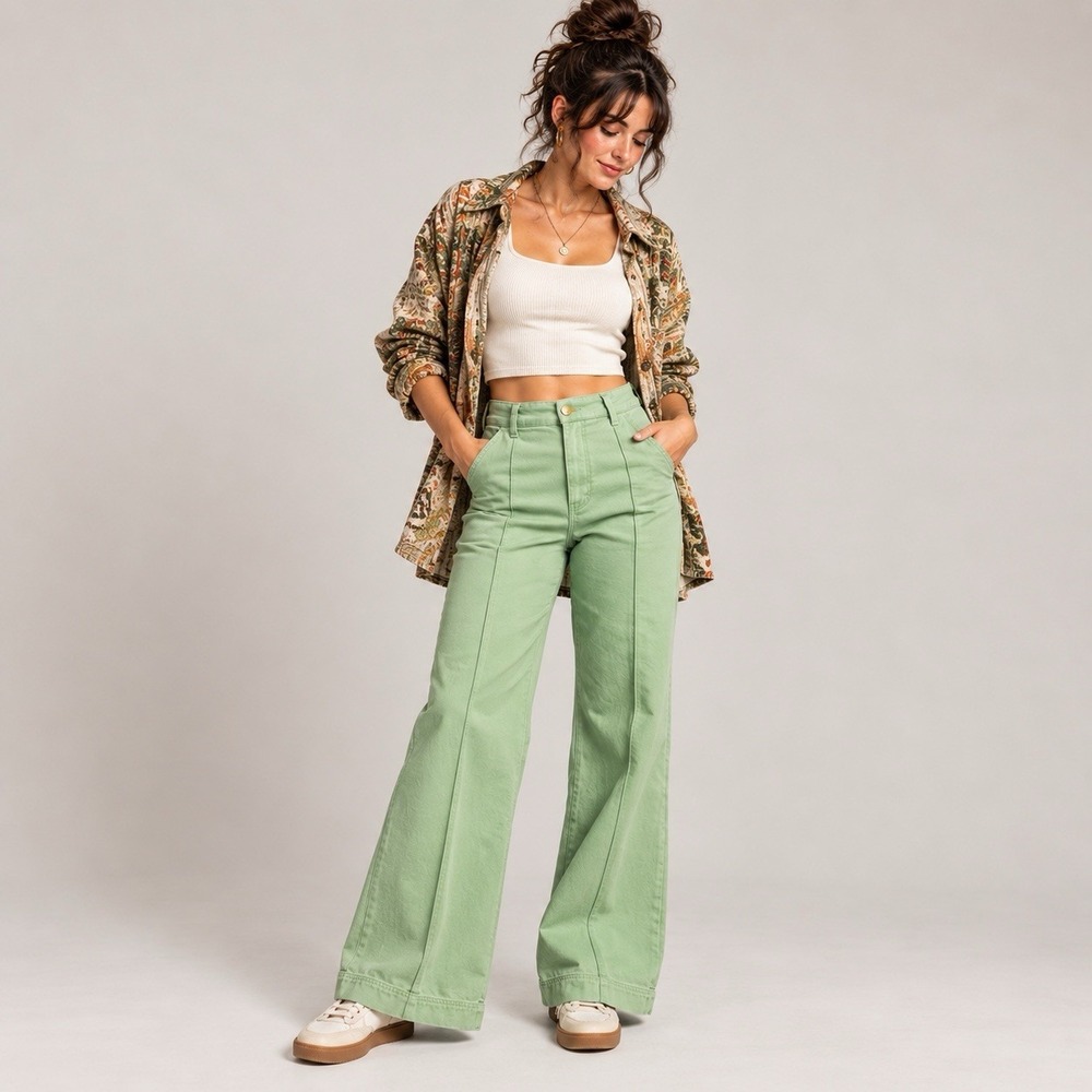 Big Bud Press Western Pants L Sage Green High Rise Flare Pintuck 70s Made in USA